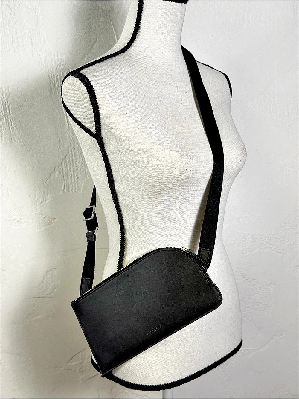 Everlane Sleek Thin Profile Sling Crossbody Bag- Black Italian Leather